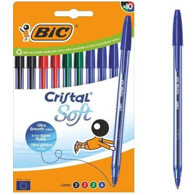 Bic, Stylo, Stylo à bille Cristal Soft transparent Couleur d'écriture assortie, 10 pcs. (10x) - Publicité Bic, Stylo, Stylo à bille Cristal Soft transparent Couleur d'écriture assortie, 10 pcs. (10x) - Publicité