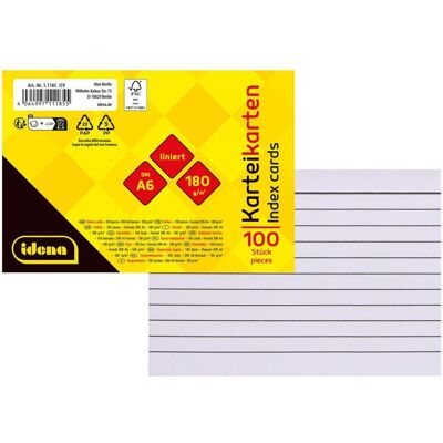 Idena, Fiche, Fiches lignées blanches DIN A6 100 pièces (A6, 180 g/m²) - Publicité Idena, Fiche, Fiches lignées blanches DIN A6 100 pièces (A6, 180 g/m²) - Publicité