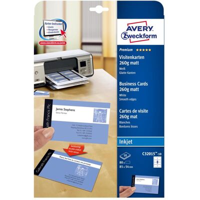 Avery Papier, Cartes de visite de qualité supérieure, couleurs vives, 85x54mm (A4) - Publicité Avery Papier, Cartes de visite de qualité supérieure, couleurs vives, 85x54mm (A4) - Publicité