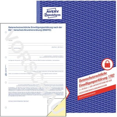 Avery Bulletin de versement, Déclaration de consentement en matière de protection des données DIN A4 x 40 fls. (40x) - Publicité Avery Bulletin de versement, Déclaration de consentement en matière de protection des données DIN A4 x 40 fls. (40x) - Publicité