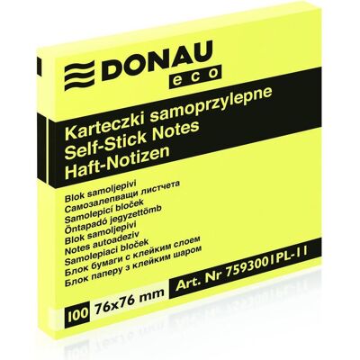 Donau, Notes adhésives, Bloc autocollant eco, 76x76mm, 1x100 feuilles, jaune clair (76 x 76 mm) - Publicité Donau, Notes adhésives, Bloc autocollant eco, 76x76mm, 1x100 feuilles, jaune clair (76 x 76 mm) - Publicité