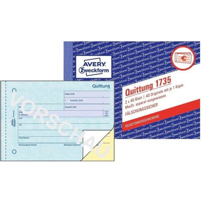 Avery Bulletin de versement, Livret de formulaires "Quittance avec TVA", 4+1 (40x) - Publicité Avery Bulletin de versement, Livret de formulaires "Quittance avec TVA", 4+1 (40x) - Publicité