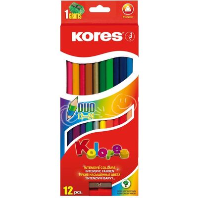 Kores, Écriture + dessin, Crayons de couleur ""DUO"", étui carton de 12 pièces + taille-crayon GRATUIT avec champ pour le (12x) - Publicité Kores, Écriture + dessin, Crayons de couleur ""DUO"", étui carton de 12 pièces + taille-crayon GRATUIT avec champ pour le (12x) - Publicité