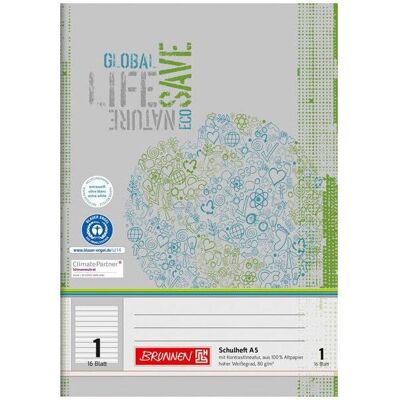 Brunnen, Cahier + bloc-notes, Cahier d'école recyclé Ligné 1 DIN A5 sans marge, 16 feuilles (A5, À rayures, Couverture souple) - Publicité Brunnen, Cahier + bloc-notes, Cahier d'école recyclé Ligné 1 DIN A5 sans marge, 16 feuilles (A5, À rayures, Couverture souple) - Publicité