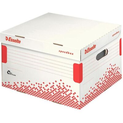 Esselte, Archivage + classement, Boîte d'archives à couvercle rabattable SPEEDBOX, taille : L, blanc/rouge, en carton 100 % recyclé - Publicité Esselte, Archivage + classement, Boîte d'archives à couvercle rabattable SPEEDBOX, taille : L, blanc/rouge, en carton 100 % recyclé - Publicité