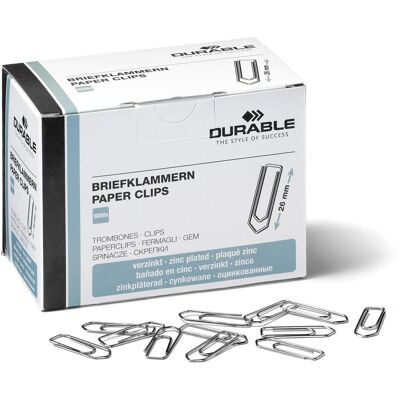 Durable, Attaches, Trombones galvanisés, pointus, 26mm (1000x) - Publicité Durable, Attaches, Trombones galvanisés, pointus, 26mm (1000x) - Publicité