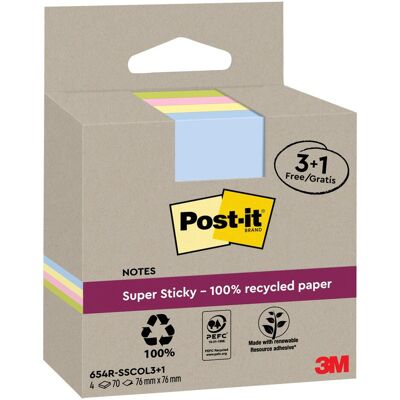Post-it, Notes adhésives, Notes adhésives Super Sticky Recycling (76 x 76 mm) - Publicité Post-it, Notes adhésives, Notes adhésives Super Sticky Recycling (76 x 76 mm) - Publicité
