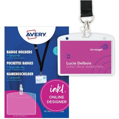 Avery Panneau d'information, Zweckform Pochette pour badge, 90 x 60 mm, avec lanyard transparent, en matériau sans PVC, avec 3 f - Publicité Avery Panneau d'information, Zweckform Pochette pour badge, 90 x 60 mm, avec lanyard transparent, en matériau sans PVC, avec 3 f - Publicité