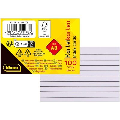 Idena, Fiche, Fiches lignées blanches DIN A8 100 pièces (A8, 100x, 180 g/m²) - Publicité Idena, Fiche, Fiches lignées blanches DIN A8 100 pièces (A8, 100x, 180 g/m²) - Publicité