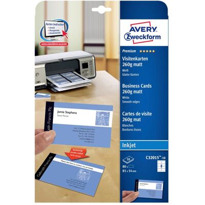 Avery Papier, Cartes de visite de qualité supérieure, couleurs vives, 85x54mm (A4, 10 feuilles, 260 g/m²) - Publicité Avery Papier, Cartes de visite de qualité supérieure, couleurs vives, 85x54mm (A4, 10 feuilles, 260 g/m²) - Publicité