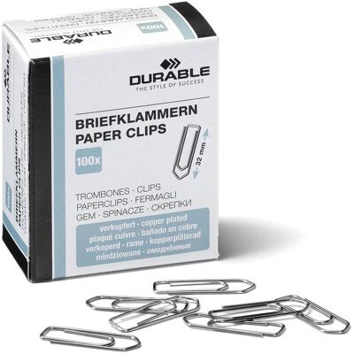 Durable, Attaches, Trombones, cuivrés, 32 mm Contenu : 100 pièces en boîte pliante (1208-24) (100x) - Publicité Durable, Attaches, Trombones, cuivrés, 32 mm Contenu : 100 pièces en boîte pliante (1208-24) (100x) - Publicité