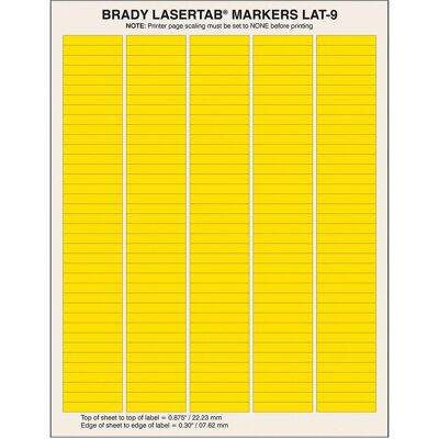 Brady, Étiquettes, LAT-9-747YL-10, polyester, jaune, 38.10 x 6.35 mm, adhésif permanent, US letter, 5 pistes (10 - Publicité Brady, Étiquettes, LAT-9-747YL-10, polyester, jaune, 38.10 x 6.35 mm, adhésif permanent, US letter, 5 pistes (10 - Publicité