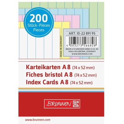 Brunnen, Fiche, Fiches A8 lignées coloris assortis UE=200 pièces (A8, 180 g/m²) - Publicité Brunnen, Fiche, Fiches A8 lignées coloris assortis UE=200 pièces (A8, 180 g/m²) - Publicité