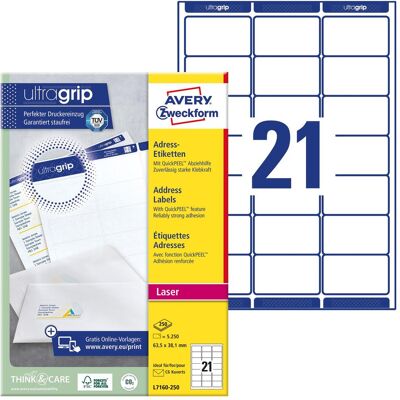 Avery Étiquettes, Étiquettes d'adresse L7160-250 Blanc A4 - Publicité Avery Étiquettes, Étiquettes d'adresse L7160-250 Blanc A4 - Publicité