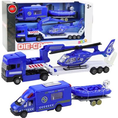 Lean Toys Lean Polizei Rettungswagen Boot Lkw Hubschrauber Set Blau - Publicité Lean Toys Lean Polizei Rettungswagen Boot Lkw Hubschrauber Set Blau - Publicité