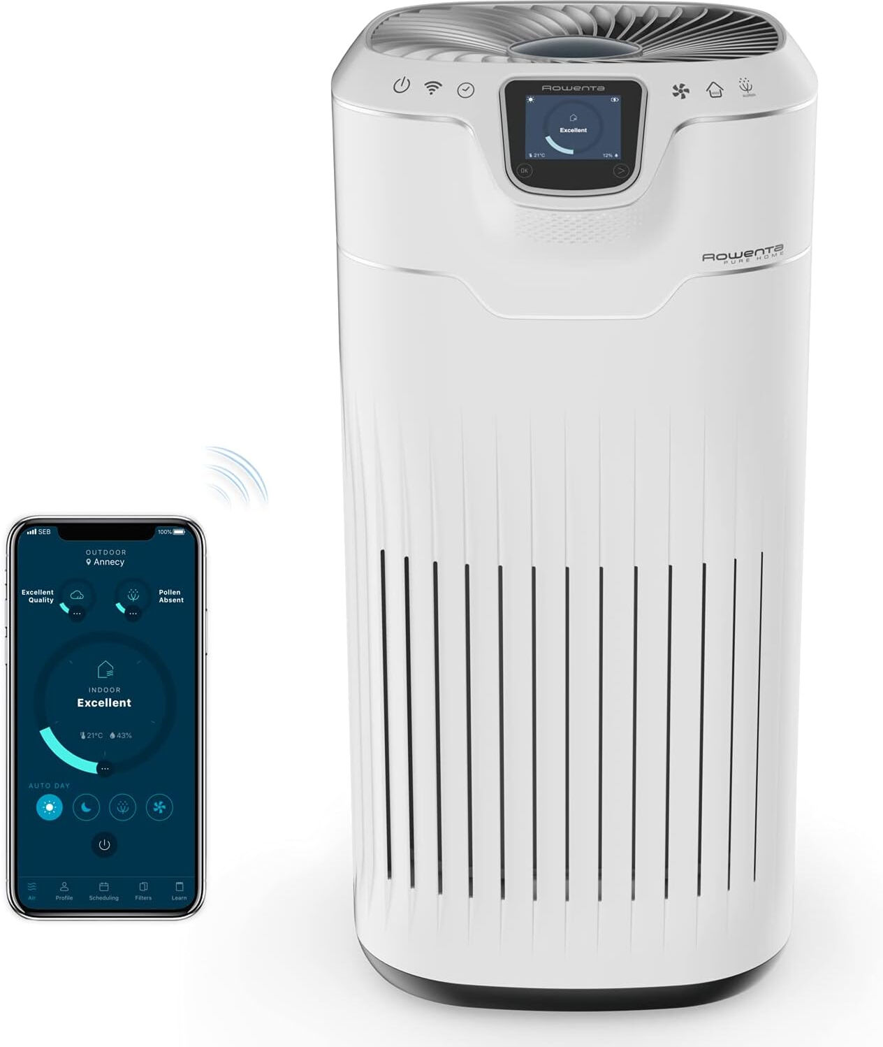 Rowenta PURIFICATEUR D'AIR   Pure Home   Boîtier de suivi de la qualité de l’air amovible Filtration HEPA Détection de la pollution en temps réel 100% des allergènes éliminés PU8080F0R Blanc