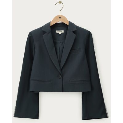 Blazer court gris avec manches aspect satin et bandes pailletées My Jewellery Gris L femme - Publicité Blazer court gris avec manches aspect satin et bandes pailletées My Jewellery Gris L femme - Publicité