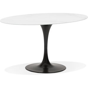 ALTEREGO Table a manger 'CHAMAN' ovale en verre blanc effet marbre et pied central noir - 160x105 cm