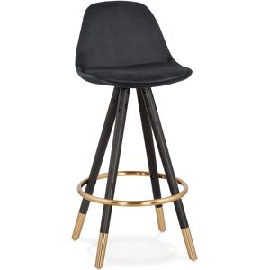 ALTEREGO Tabouret snack mi-hauteur design 'CHICAGO MINI' en velours noir et 4 pieds en bois noir