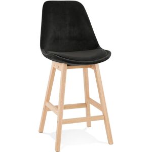 ALTEREGO Tabouret snack mi-hauteur 'MORISS MINI' en velours noir et pieds en bois naturel