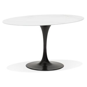 ALTEREGO Table à manger 'CHAMAN' ovale en verre blanc effet marbre et pied central noir - 160x105 cm