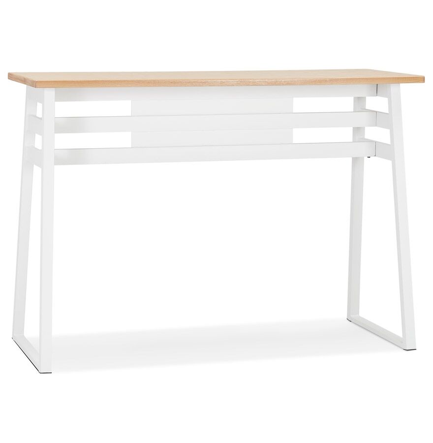 ALTEREGO Table de bar haute 'NIKI' en bois finition naturelle et pied en métal blanc - 150x60 cm