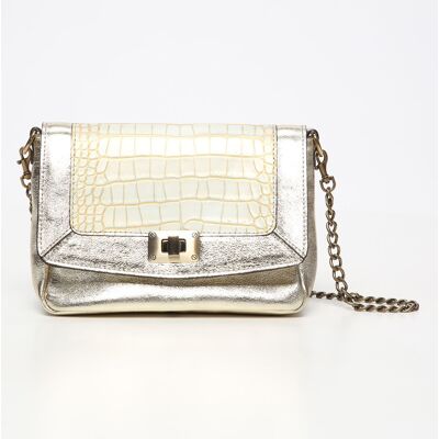 Abaco Paris - Sac bandoulière en Cuir d'Agneau Gaby doré/python blanc - 21x15x7 cm OS - Publicité Abaco Paris - Sac bandoulière en Cuir d'Agneau Gaby doré/python blanc - 21x15x7 cm OS - Publicité