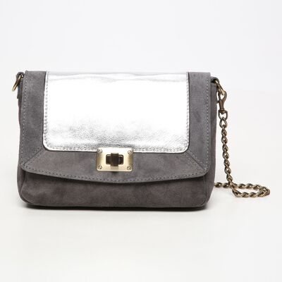 Abaco Paris - Sac bandoulière en Cuir & Velours de Cuir d'Agneau Gaby argenté/gris - 21x15x7 cm OS - Publicité Abaco Paris - Sac bandoulière en Cuir & Velours de Cuir d'Agneau Gaby argenté/gris - 21x15x7 cm OS - Publicité