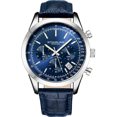 Stuhrling - Montre Homme en Cuir Quartz Chronographe Monaco bleu/argenté OS - Publicité Stuhrling - Montre Homme en Cuir Quartz Chronographe Monaco bleu/argenté OS - Publicité