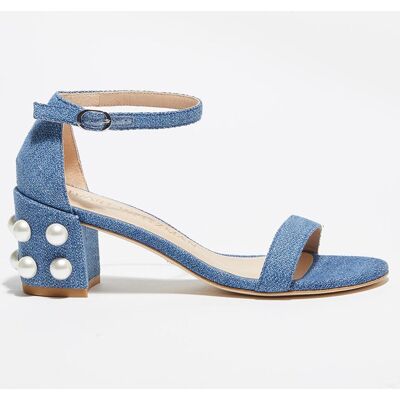 Stuart Weitzman - Sandales en Denim Simple Pearls bleues - Talon 6,5 cm 35 - Publicité Stuart Weitzman - Sandales en Denim Simple Pearls bleues - Talon 6,5 cm 35 - Publicité