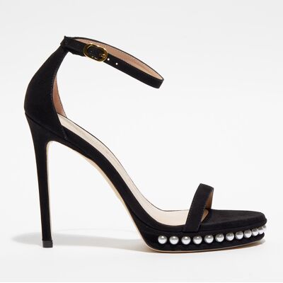 Stuart Weitzman - Sandales en Velours de Cuir Nudistdisco Pearl noires - Talon 12 cm 36 - Publicité Stuart Weitzman - Sandales en Velours de Cuir Nudistdisco Pearl noires - Talon 12 cm 36 - Publicité