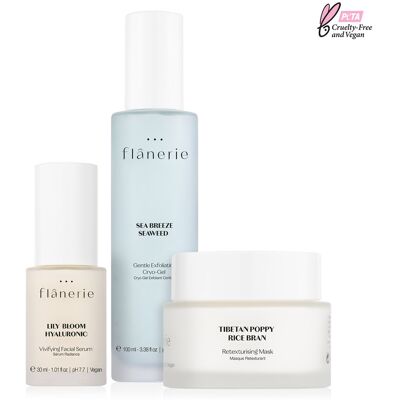 Flânerie - Set Gel cryo Exfoliant aux algues + Sérum Radiance à l'acide hyaluronique + Masque Retexturant au son de riz OS - Publicité Flânerie - Set Gel cryo Exfoliant aux algues + Sérum Radiance à l'acide hyaluronique + Masque Retexturant au son de riz OS - Publicité
