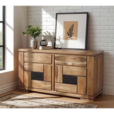 Bois & Chiffons - Petit buffet bois sculpté bicolore 2P 2T Acacia Maya Naturel - 140x45x80 cm OS - Publicité Bois & Chiffons - Petit buffet bois sculpté bicolore 2P 2T Acacia Maya Naturel - 140x45x80 cm OS - Publicité