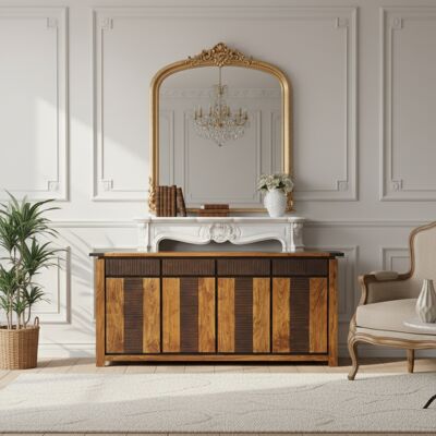 Bois & Chiffons - Buffet 4 Portes 4 Tiroirs Acacia Moon Marron - 200x45x85 cm OS - Publicité Bois & Chiffons - Buffet 4 Portes 4 Tiroirs Acacia Moon Marron - 200x45x85 cm OS - Publicité