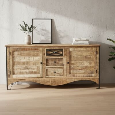 Bois & Chiffons - Buffet 2 portes 3 tiroirs Manguier Pondicherry Beige - 200x45x85 cm OS - Publicité Bois & Chiffons - Buffet 2 portes 3 tiroirs Manguier Pondicherry Beige - 200x45x85 cm OS - Publicité