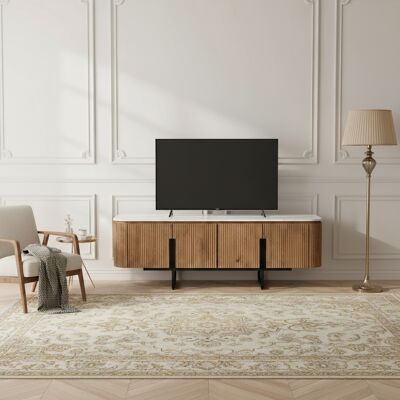 Bois & Chiffons - Meuble TV bas 4 portes plateau marbre blanc Manguier Kfir II Marron - 140x42x50 cm OS - Publicité Bois & Chiffons - Meuble TV bas 4 portes plateau marbre blanc Manguier Kfir II Marron - 140x42x50 cm OS - Publicité