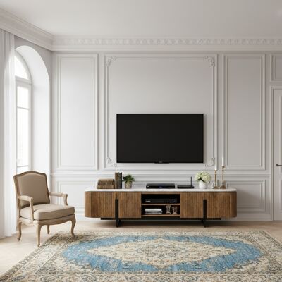 Bois & Chiffons - Meuble TV 4 portes, 2 niches plateau marbre blanc Manguier Kfir II Marron - 180x40x45 cm OS - Publicité Bois & Chiffons - Meuble TV 4 portes, 2 niches plateau marbre blanc Manguier Kfir II Marron - 180x40x45 cm OS - Publicité