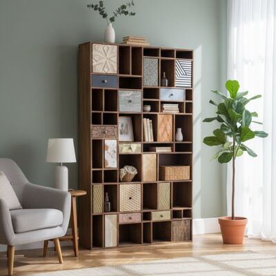 Bois & Chiffons - Bibliothèque multi-matériaux peau de vache bois sculpté Naturel - 115x30x200 cm OS - Publicité Bois & Chiffons - Bibliothèque multi-matériaux peau de vache bois sculpté Naturel - 115x30x200 cm OS - Publicité