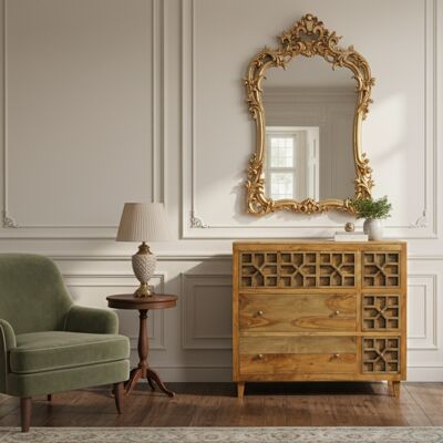 Bois & Chiffons - Commode arabesque bois exotique Acacia Punjab Marron - 103x45x92 cm OS - Publicité Bois & Chiffons - Commode arabesque bois exotique Acacia Punjab Marron - 103x45x92 cm OS - Publicité