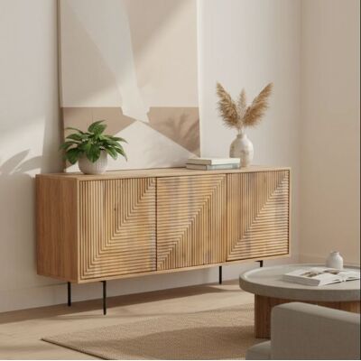 Bois & Chiffons - Buffet bas bois sculpté motif géométrique 3P Manguier Maglan II beige - 170x45x80 cm OS - Publicité Bois & Chiffons - Buffet bas bois sculpté motif géométrique 3P Manguier Maglan II beige - 170x45x80 cm OS - Publicité