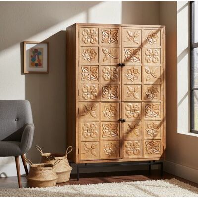Bois & Chiffons - Armoire sculptée 2 portes Manguier Sculture II beige - 112x48x180 cm OS - Publicité Bois & Chiffons - Armoire sculptée 2 portes Manguier Sculture II beige - 112x48x180 cm OS - Publicité