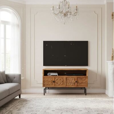 Bois & Chiffons - Petit meuble TV 2 tiroirs Manguier Sculture II beige - 104x40x64 cm OS - Publicité Bois & Chiffons - Petit meuble TV 2 tiroirs Manguier Sculture II beige - 104x40x64 cm OS - Publicité