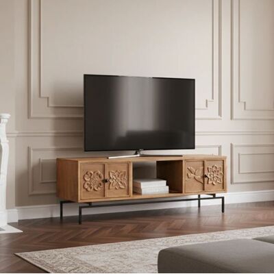 Bois & Chiffons - Meuble TV 2 tiroirs, 1 etagere Manguier Sculture II beige - 158x50x57 cm OS - Publicité Bois & Chiffons - Meuble TV 2 tiroirs, 1 etagere Manguier Sculture II beige - 158x50x57 cm OS - Publicité