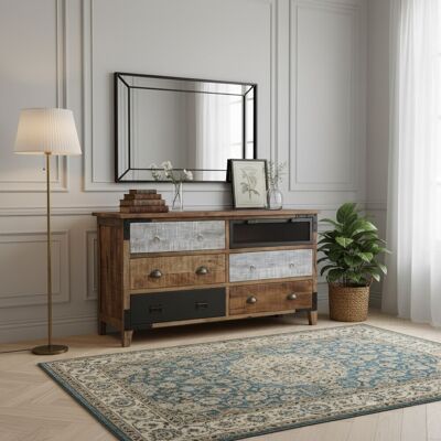 Bois & Chiffons - Commode 6 tiroirs Manguier Farm II nature / multicolore - 150 x 45 x 80 cm OS - Publicité Bois & Chiffons - Commode 6 tiroirs Manguier Farm II nature / multicolore - 150 x 45 x 80 cm OS - Publicité