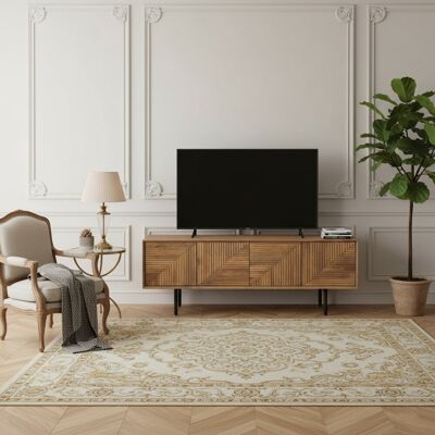 Bois & Chiffons - Meuble Tv bois sculpté 4portes Manguier Maglan II beige - 140 x 40 x 50 cm OS - Publicité Bois & Chiffons - Meuble Tv bois sculpté 4portes Manguier Maglan II beige - 140 x 40 x 50 cm OS - Publicité