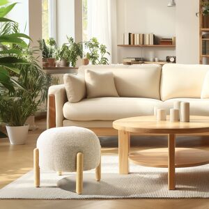 Macabane - Pouf en tissu effet laine beige et pieds bois OS - Publicité Macabane - Pouf en tissu effet laine beige et pieds bois OS - Publicité