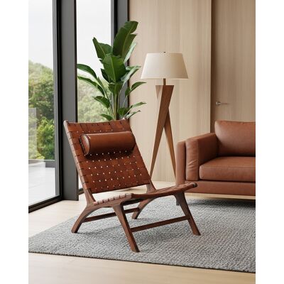 Uniqka - Fauteuil lounge dossier haut en teck et cuir California marron - 66x86x92 cm OS - Publicité Uniqka - Fauteuil lounge dossier haut en teck et cuir California marron - 66x86x92 cm OS - Publicité