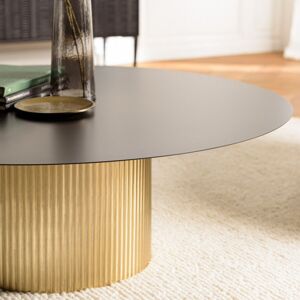 Macabane - Table basse ronde 110x110cm plateau en fer noir pied strié doré OS - Publicité Macabane - Table basse ronde 110x110cm plateau en fer noir pied strié doré OS - Publicité
