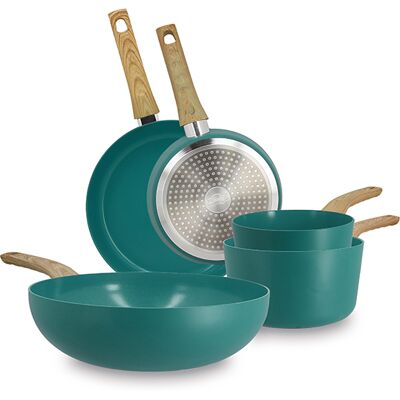 Menastyl - Set 5 pièces casserole poêle wok en aluminium induction bleu canard - 475 x 280 x 110 cm OS - Publicité Menastyl - Set 5 pièces casserole poêle wok en aluminium induction bleu canard - 475 x 280 x 110 cm OS - Publicité