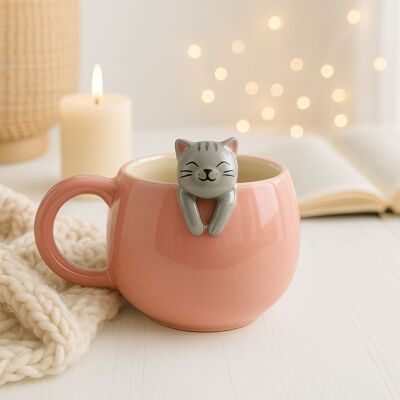Mags Tasse Saumon avec Chat - Céramique - Publicité Mags Tasse Saumon avec Chat - Céramique - Publicité